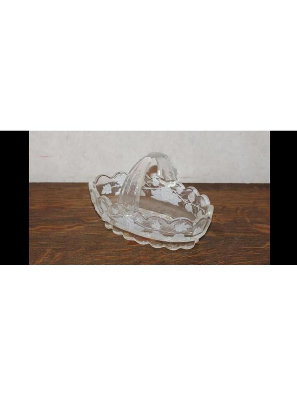 Vintage MA Lesh 1980 Glass Frosted Basket with Grapes Leaves - Signed
